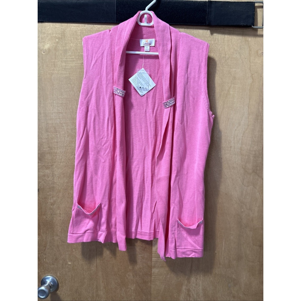 Quaker Factory Pink Sleeveless Cardigan Rhinestone Knit Vest Medium NWT